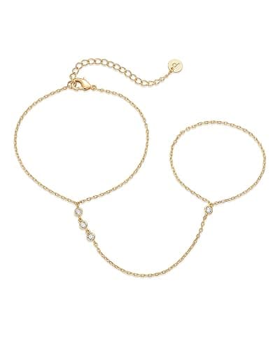 PAVOI 14K Gold Plated Hand Chains for Women - Adjustable Hand Chain Bracelet and Ring - Trendy Gold Handchain Bracelet Stack Summer Jewelry - Beads, Pearl, and Cubic Zirconia Body Jewelry - Image 1