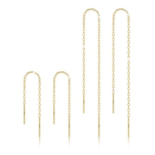 14K Gold Plated 925 Sterling Silver Threader Chain Dangle Earrings for Women,Hypoallergenic and Versaltile Minimalist Everyday Earrings 2 Pairs (2.4" / 4.8") - Image 1