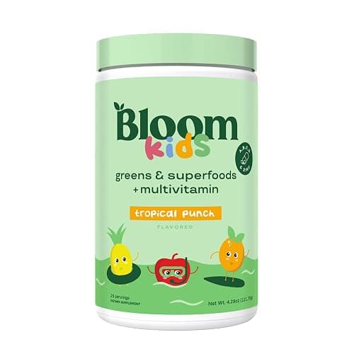 Bloom Nutrition Superfood Greens Powder for Kids, Digestive Enzymes, Probiotics, Prebiotics, Gut Health, Chlorella, Green Juice Mix w/Beet Root Powder (25 Servings (Pack of 1), Tropical Punch) - Image 1