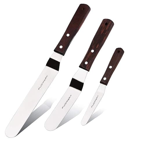 PUCKWAY Offset Cake Icing Spatula Set of 3 Professional Stainless Steel Decorating Frosting Spatulas (4"-6"-8" Flexible Resistant Blade) Angled with Wooden Handle - Image 1