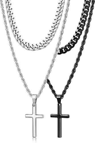 Romass 4Pcs Cross Necklace for Men Teen Boys,Stainless Steel Chains for Men Layered Necklaces Silver Gold Black Pendant Jewelry Box Gifts 18-24 Inches - Image 1