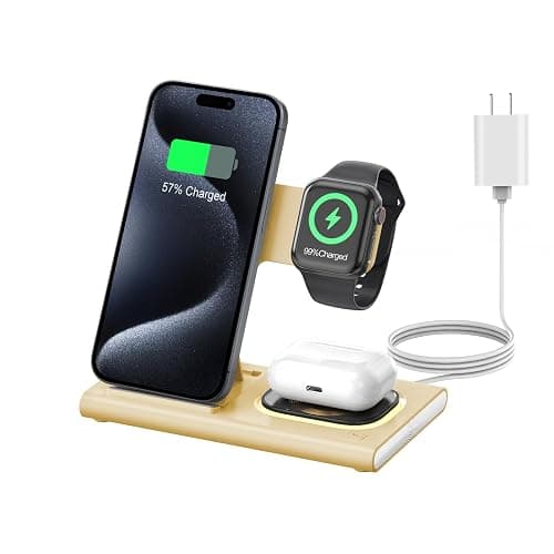 3 in 1 Charging Station for iPhone 17 - Wireless Charger for Apple Products for iPhone 17 16 15 14 13 12 11 Pro Max - Foldable Wireless Charging Station Dock Stand for iWatch Series & AirPods(Beige) - Image 1