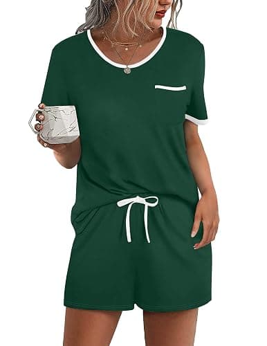 Ekouaer Pajama Set for Women 2 Piece Lounge Set Short Sleeve Tops and Shorts Soft Sleepwear, Chest Pocket - Image 1