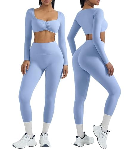 OMKAGI 2 Piece Workout Sets for Women Long Sleeve Padded Sports Bra High Waisted Gym Outfits with Pocket - Image 1