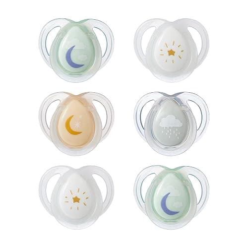 Tommee Tippee Nighttime Soothers, 0-6m, 6 Pack, Glow in The Dark, Varied Colours and Designs, Symmetrical Orthodontic Dummy, BPA-Free Silicone Teat - Image 1