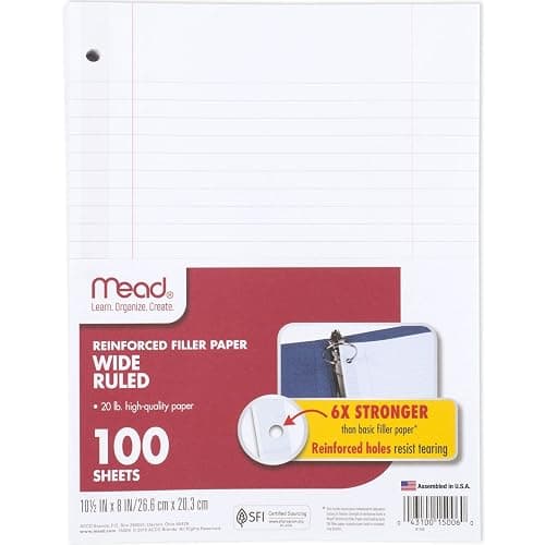 Mead Loose Leaf Paper, Notebook Paper, Wide Ruled Filler Paper, Reinforced, 8 x 10.5, 100 Sheets (15006) - 100 Sheets - Image 1