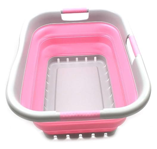 SAMMART 41L (10.8 gallon) Collapsible 3 Handled Plastic Laundry Basket - Foldable Pop Up Storage Container/Organizer - Portable Washing Tub - Space Saving (3 handled rectangular, Grey/Pink) - Image 1