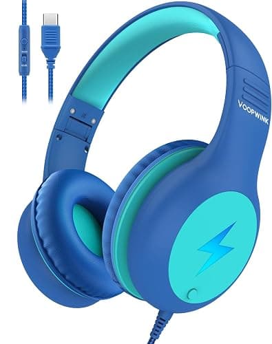 Voopwink Kids Headphones Wired with Microphone, USB Type C Headphones for Kids Girls Boys with Cord/LED Lights/85/94dB Volume Limit, Portable Over Ear Headphones for School/Travel/Tablet/iPad - Image 1