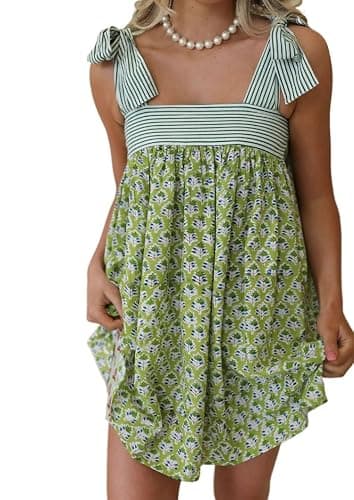 Womens Boho Floral Mini Dress Summer Cottagecore Striped Flowy Smocked Spaghetti Strap Coquette Vacation Sundresses - Green - Small - Image 1