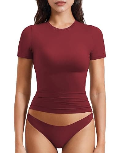 YEOREO Women's Double Lined Fitted Basic Tops Casual Short Sleeve Crew Neck T Shirt Sweeney Y2K Going Out Tee Tops - Image 1