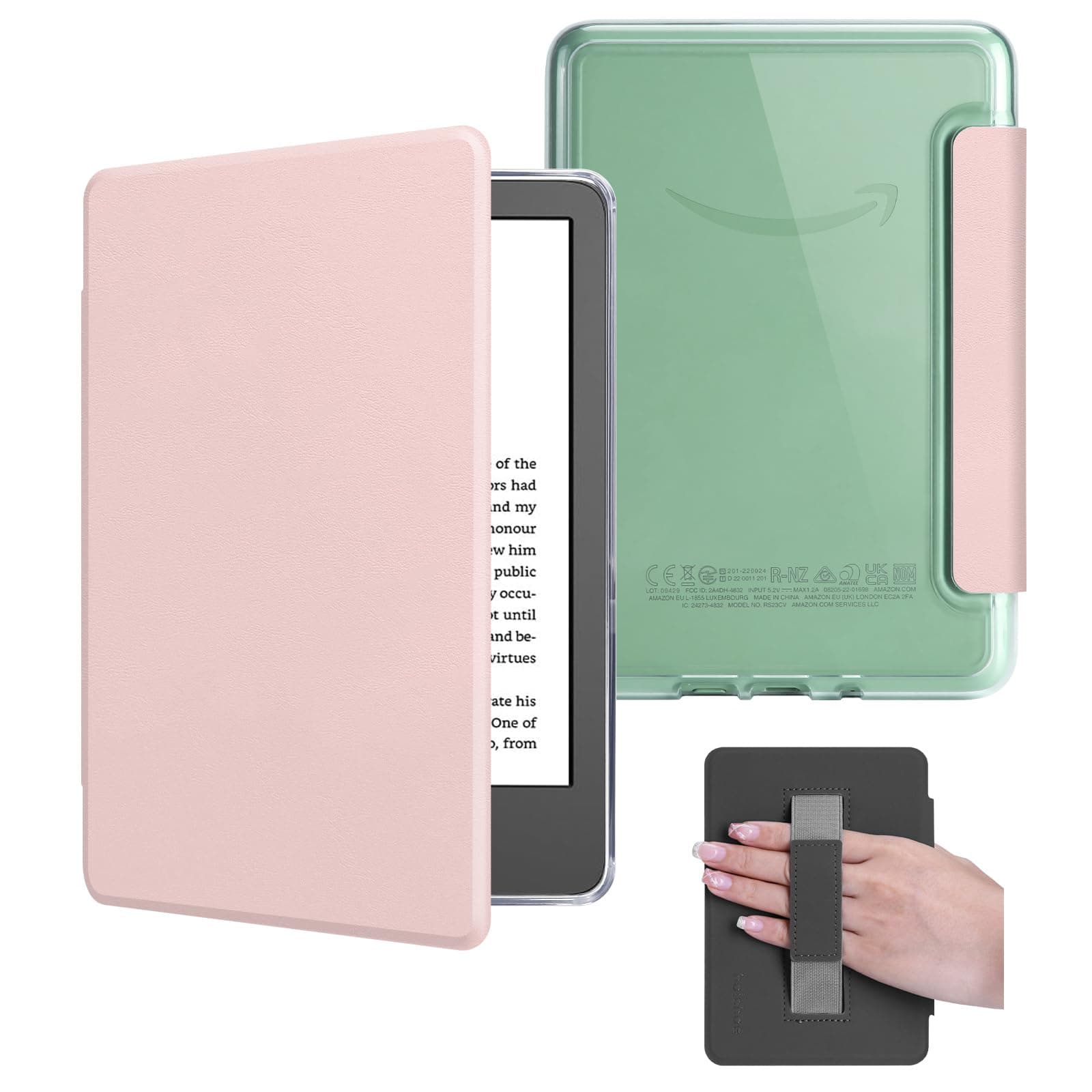 Funda para Kindle 2024/2022 de 6 pulgadas (11 generación), funda de piel sintética ligera y carcasa trasera dura transparente con correa de mano, apagado automático, color rosa Sakura - Image 1