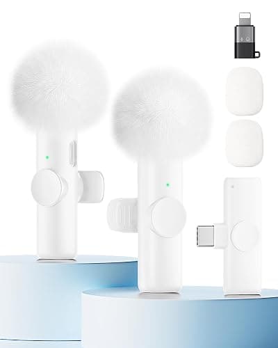 Wireless Microphone for iPhone iPad and Android Phone, 2 Pack Wireless Lavalier Lapel Mic with Noise Reduction, Plug and Play Mini Microphone for Video Recording Interview YouTube TikTok Vlog (White) - Image 1