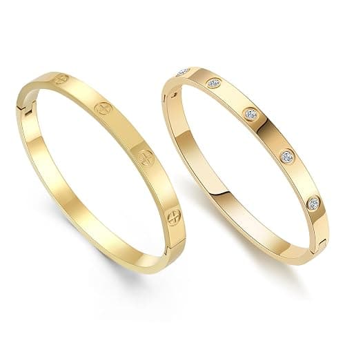 FOLOOTY 2-Pack Friendship Bracelets for Women - 18K Gold Plated Titanium Steel Cuff Love Bangle Set with Cubic Zirconia | Sister Jewelry Gift, Eco-Friendly Packaging, Durable Everyday Wear - Image 1