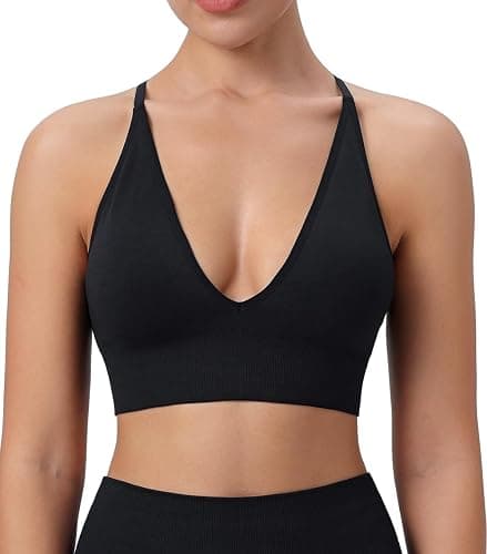 Womens Deep V-Neck Longline Sports Bra, Strappy Criss Cross Padded Cups Adjustable Spaghetti Straps Workout Yoga Crop Top - Image 1