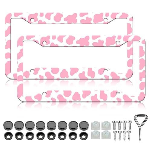 Cow Print License Plate Frame - 2 PCS Cute Pink Cow Print Animal Spots License Plate Holder, Rust-Proof Stainless Steel License Plate Cover Decoration with Screws Caps for Standard Us 12x6 Inch - Image 1