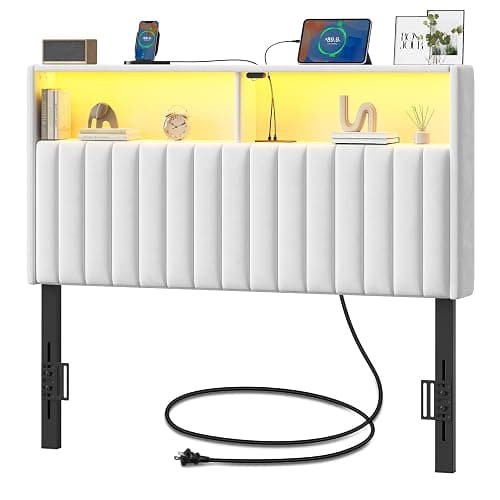 Rolanstar Headboard for Twin Size Bed with Storage, Velvet Upholstered Head Board with USB & Type C Port, 60,000 DIY Color of LED Light Height Adjustable, Sturdy, Easy Assembly, White - Image 1