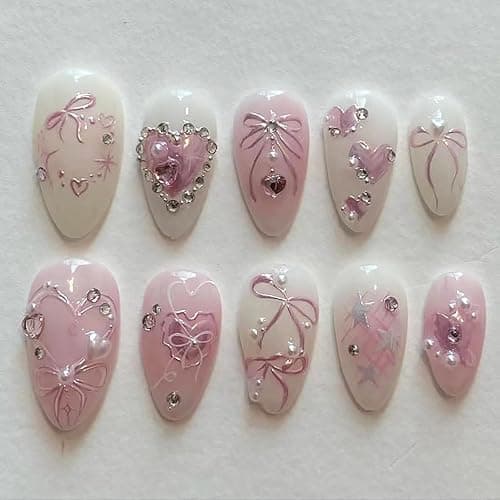 Pink Press on Nails Short Almond Fake Nails 3D Heart Pearl with Rhinestones Glitter Designs Silver Star Stick on Nails Flower Charm Full Cover Glue on Nails Cute Bow False Nails for Women Girls 24Pcs - Image 1
