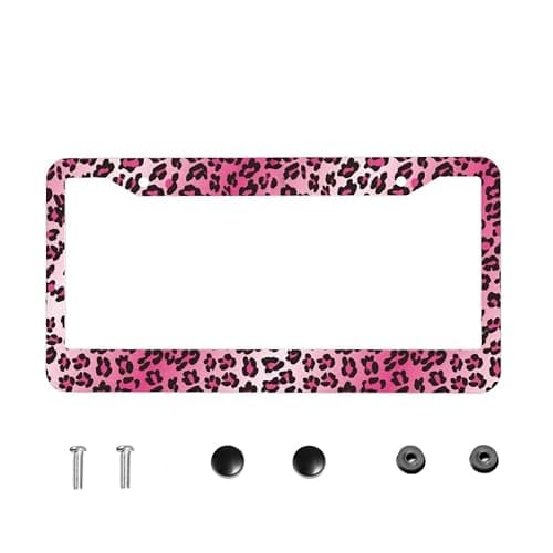 Pink Leopard Print License Plate Frame Funny Cheetah Print License Plate Covers Aluminum Metal Novelty Auto Car Tag Holder with 2 Holes 12.3 x 6.3 Inch Equipped with Screws for Women/Men - Image 1
