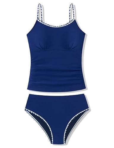FJLSJSW 11-15Y Girls Tankini Swimsuits Solid Color Contrast Trim Swimwear 2 Piece Bathing Suit for Teens - Image 1