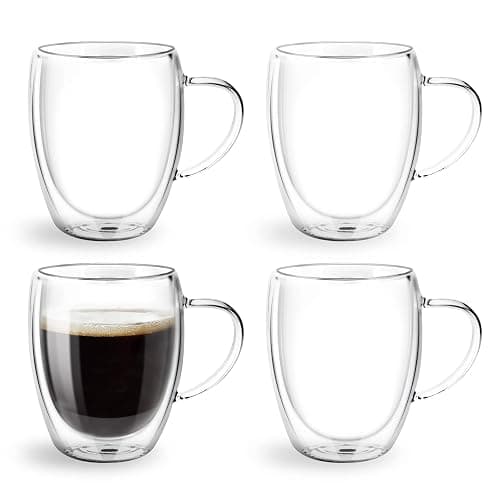 Glass Coffee Mugs 350ml, Top-spring 12oz Clear Glass Coffee Cups with Handles - Set of 4 Double Wall Insulated Coffee Mug Tea Latte Espresso Cups - 12oz - Image 1