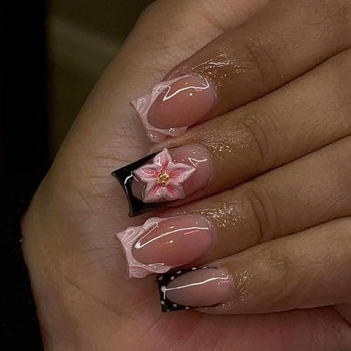 Square Press on Nails Medium False Nails French Tip Fake Nails with Flower Designs Pink Glossy Cute Stick on Nails for Women 24Pcs - Image 1
