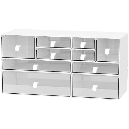 Yashong Desk Organizer Set, White & Clear Stackable Dustproof Storage Boxes for Desktop, Office, DIY Craft & Vertical Space Saving, Perfect for Makeup, Stationery, Jewelry Organization - Image 1