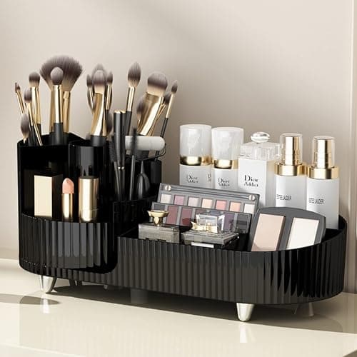 Rotating makeup organizer,Large Capacity Cosmetic Display Case, easy to hold all of your makeup products, at least 20 makeup brushes/eyeliner,10 lipsticks,8 skincare products(Black) - Image 1