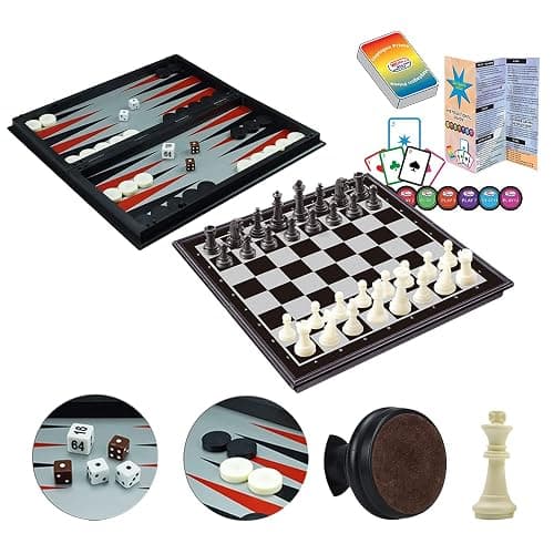 WEofferwhatYOUwant Magnetic Chess Set – 4-in-1 Travel Game with Checkers, Backgammon & 5-Suit Card Game – 14.2" Folding Board – Large Plastic Pieces – Portable Set for Kids & Adults – Gift Idea - Image 1