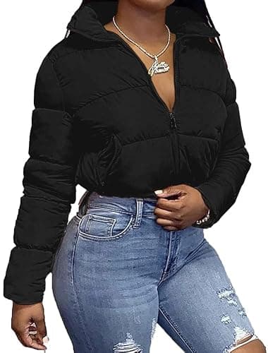 Ebifin Womens Cropped Lightweight Quilted Jackets Full Zipper Warm Coats Winter Stand Collar Drawstring Outerwears - Image 1