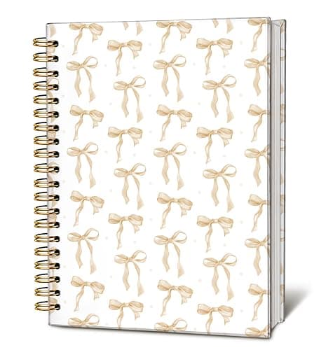 LIANGW Coquette Beige Bow Notebook Journal, Preppy Aesthetic Journal, Beige Girly, Preppy Gifts for Women, Beige Office Supplies, Hardcover Spiral Notebook 80 Sheets -160 Pages 5.5x8.3 Inch - Image 1