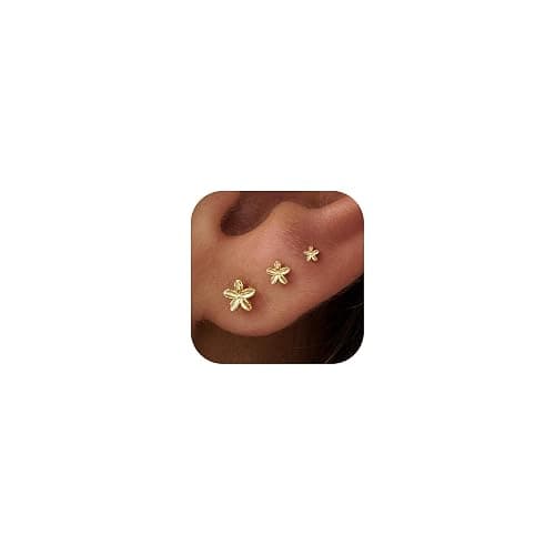 GUOKE 3 Pair Tiny Flat Back Earrings for Women - 14K Gold/White Gold Plated Cute Small Screw Flatback Stud Earring, Everyday Wear - Image 1