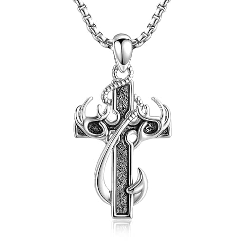 CCmfgjew Christmas Gifts Cross Necklace for Men Stainless Steel Fish Hook Pendant Antler Necklace Hunting Jewelry Gifts for Father Husband Brother 22+2” - Image 1
