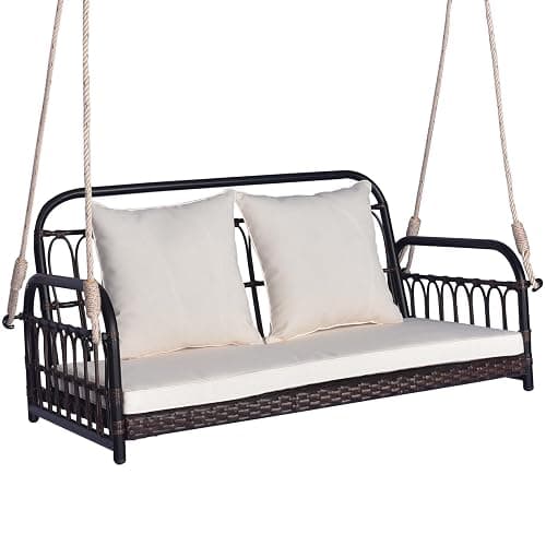 Tangkula Outdoor Wicker Porch Swing, 2-Person Hanging Seat with Seat & Back Cushions, Heavy-Duty Metal Frame & 2 Sturdy Hanging Ropes, Wicker Woven Swing Loveseat for Front Porch, Backyard (Off White) - Image 1