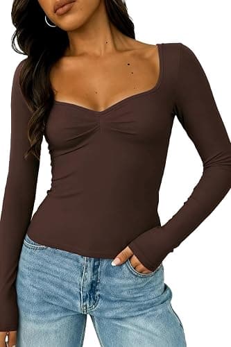 ForeFair Women's Long Sleeve Going Out Tops Pleated Basic T Shirts Cute Sweetheart Neck Y2K Fall Tops - Image 1