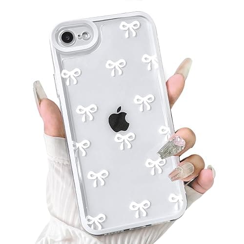 NITITOP Compatible for iPhone SE 2020 / SE 2022/7 / 8 Case Cute Clear Ribbon Bowknot Pattern for Girls Women Soft TPU Transparent Full Camera Lens Shockproof Protective Phone Cover - White - Image 1