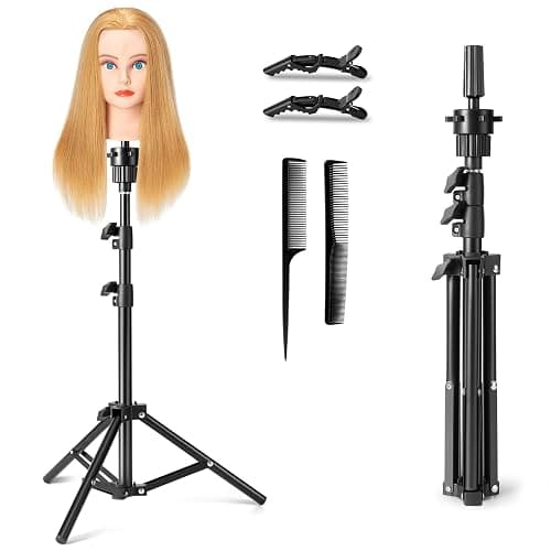 LFIYSWYD Wig Stand Tripod Mannequin Head Stand, Adjustable Holder for Cosmetology Hairdressing Training with Comb, Hair Clip - Image 1