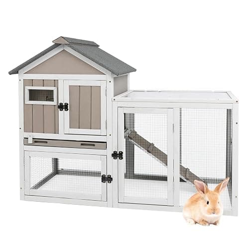 47''L Rabbit Hutch Outdoor Chicken Coop with Run, Wooden Indoor 2 Story Bunny House with Waterproof Roof, Pull Out Tray, Guinea Pig Rabbit Duck Cage for Small to Medium Animals and Pet Lover, Gray - Image 1