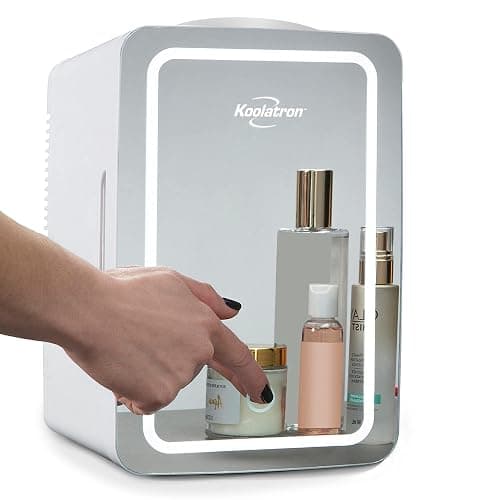 Koolatron Cosmetics Fridge w/Lighted Makeup Mirror, 6L Portable Skincare Refrigerator w/LED Ring Light, 12 Volt DC and 110 Volt AC Cords, Beauty Serum, Face Mask, Home, Travel, Hotel, Dorm, Office - Image 1