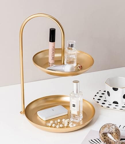 Aendraty Necklace Holder Jewelry Stand Display 2-Tier Tabletop Jewelry Organizer Tower for Show Jewelry Bracelets Necklaces Earrings with Two-Tiered Storage Tray (Nordic Style) Gold - Image 1