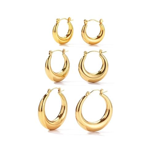 Stainless Steel Chunky Gold Hoop Earrings for Women 3 Pairs14k Gold Plated Thick Lightweight Hypoallergenic Earrings Set Jewelry - Image 1