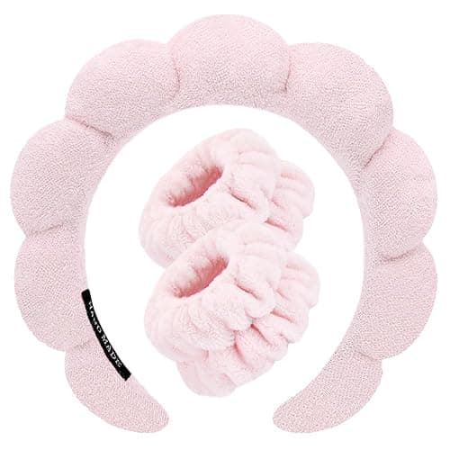 Spa Headbands for Washing Face Wristband Set Sponge Makeup Skincare Headband Wrist Towels Bubble Soft Terry Towel Cloth Hairband for Women Puffy Headwear Non Slip Thick Thin Hair Headwear (Light pink) - Image 1