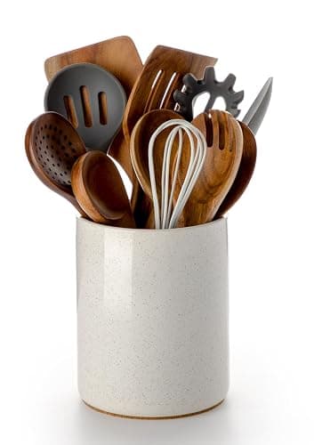 Nucookery Utensil Holder, 6.4" Ceramic Kitchen Utensil Holder for Countertop with Protection Cork Bottom, Vintage Farmhouse Kitchen Decor for Counter, Gift (Sand) - Image 1
