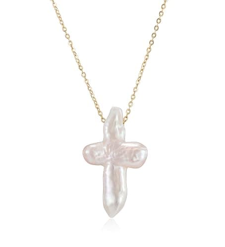 Iutymu White Pearl Cross Necklace. Pearl Cross Necklace. Freshwater Pearl Cross Pendant. Everyday Minimalist Religious Jewelry - Image 1
