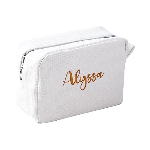 GOPHIE Personalized Embroidered Makeup Bag,Custom Waffle Fabric Cosmetic Pouch for Women, Travel Makeup Pouch (1, White) - Image 1