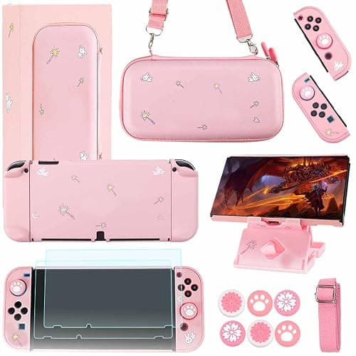 GUTIAL Accessories Bundle for Nintendo Switch OLED - Pink Girly Accessories Kit for Nintendo Switch Oled Model 2021 with Carry Case Screen Protector Cover Case Stand Cute Thumb Grips for Girls - Pink - Image 1