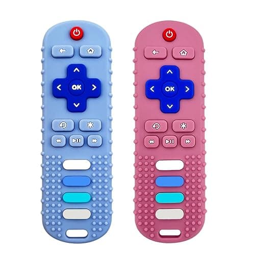 ROBBEAR Baby Teething Toys, Food Grade Silicone Teether for Babies 3 6 12 18 Months, TV Remote Shape Toddlers Chew Toys, Freezer BPA Free (Pink+Blue) - Pink+Blue - 1 pack - Image 1