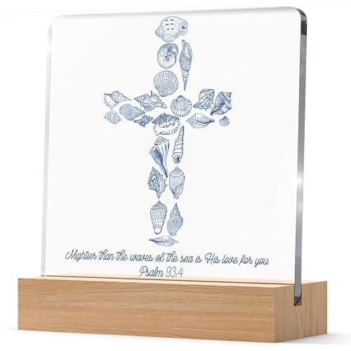 Inspirational Christian Seashell Cross Decor Mightier Than The Waves of The Sea Psalm 93:4 Gifts for Nursery Teen Room Bible Verse, Summer Beach Christian Bible Verse Art Decor for Beach House - Image 1
