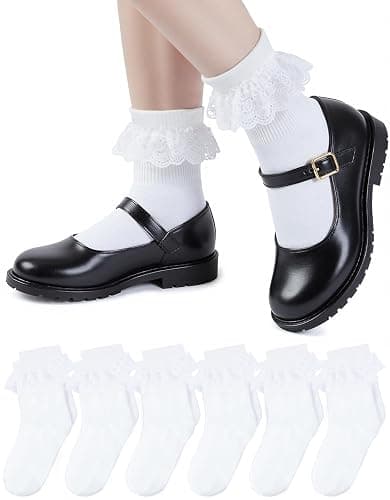 HONGTEYA 6 Pairs Girls White Ruffle Socks School Uniform Dress Socks for Kids Seamless Crew Ankle Cotton Size 2-14 Years - Image 1