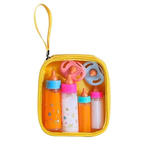 Kaydora Baby Doll Bottle Accessories - 6 Pcs Feeding Bottle Toys, Magic Disappearing Milk & Juice, Pretend Play Set with Pacifiers Kids Gift Yellow - Image 1