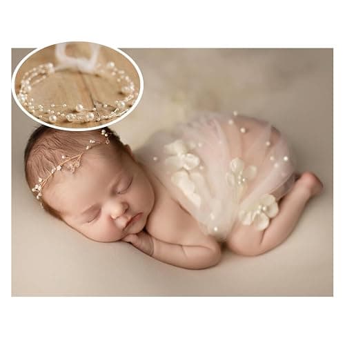 Ederafoto Newborn Photography Props 2 Pieces: Pearl Tulle Lace Wrap + Pearl Headband for Baby Girls' Photoshoot - Image 1